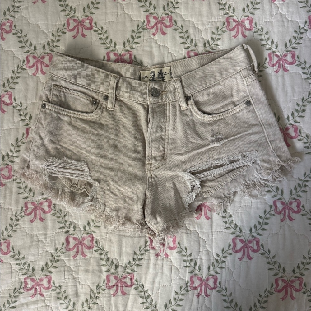 Free People Light Tan Distressed Jean Shorts